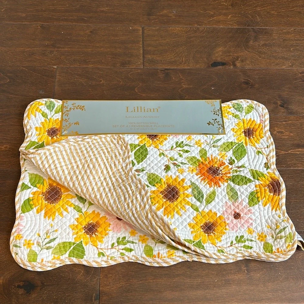 Lillian August Set Of 4 Reversible Sunflowers Fall Autumn Placemats Quilted New